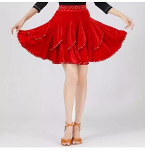 Women girls black red velvet latin dance skirts bling ruffles ballroom salsa rumba chacha performance skirts for female